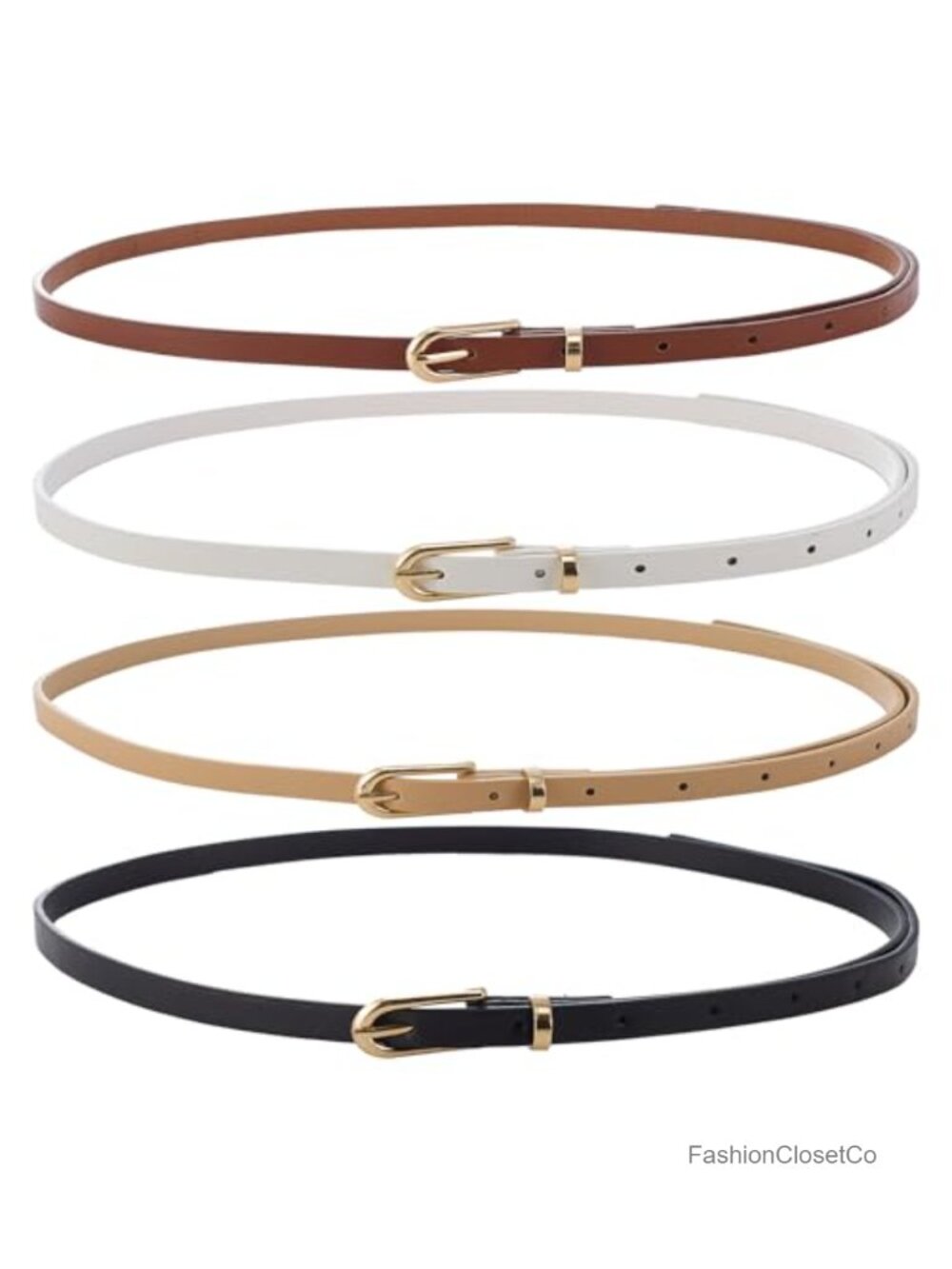 4 Pack Women's Thin PU Leather Belt Set with Gold Buckle Adjustable Waist Belt